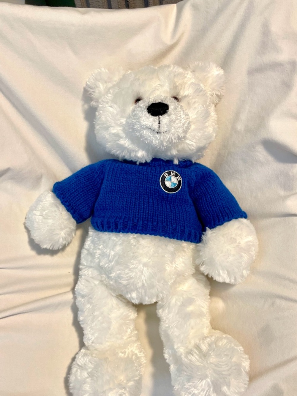 *EUC* GUND - BMW 17.5" White Plush Bear-Blue Knit Sweater w/BMW Logo-Very Soft